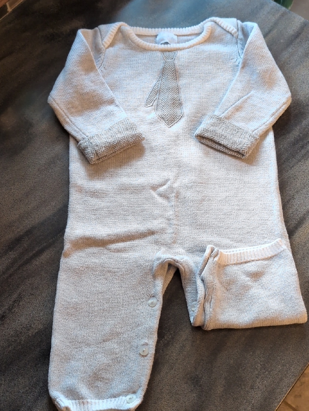 Savannah Baby Gray Knit One-Piece Romper With Tie Detail, 6-9 Mth